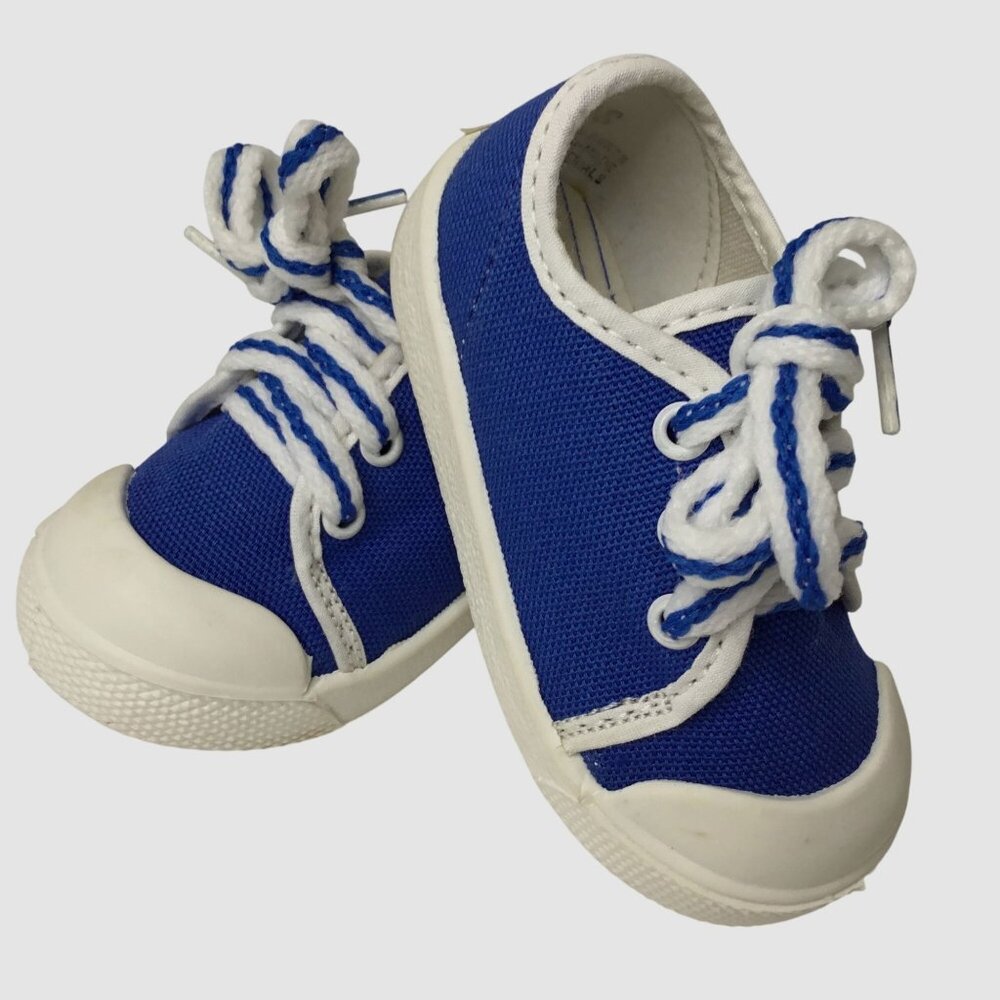 VTG 1980s USA Baby Sneakers Blue Canvas Shoes Size 2 Lace Up Striped Insole VBC